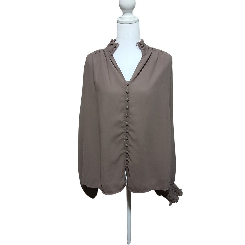 143 Story by Line Up Smokey Taupe Smocked High Neck Button Front Blouse S NEW
